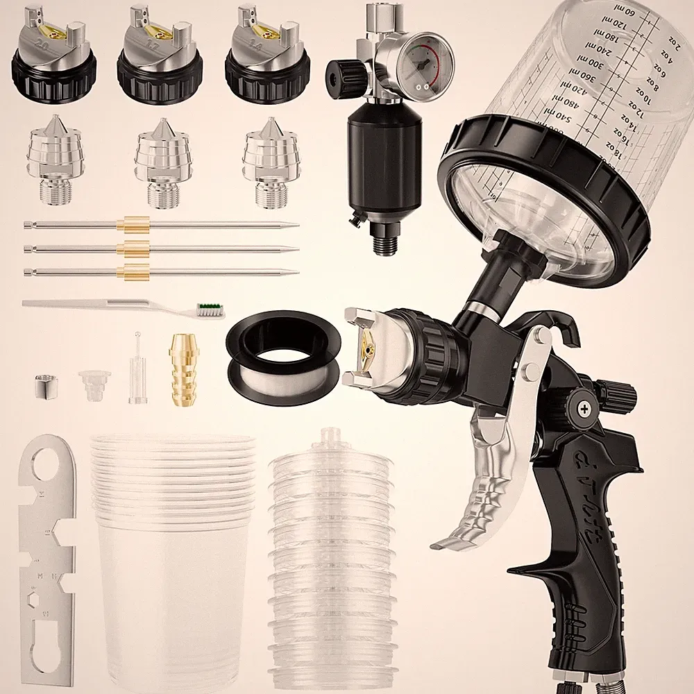 HVLP Air Spray Gun Kit with Multi Nozzles and Regulator for Painting Tool