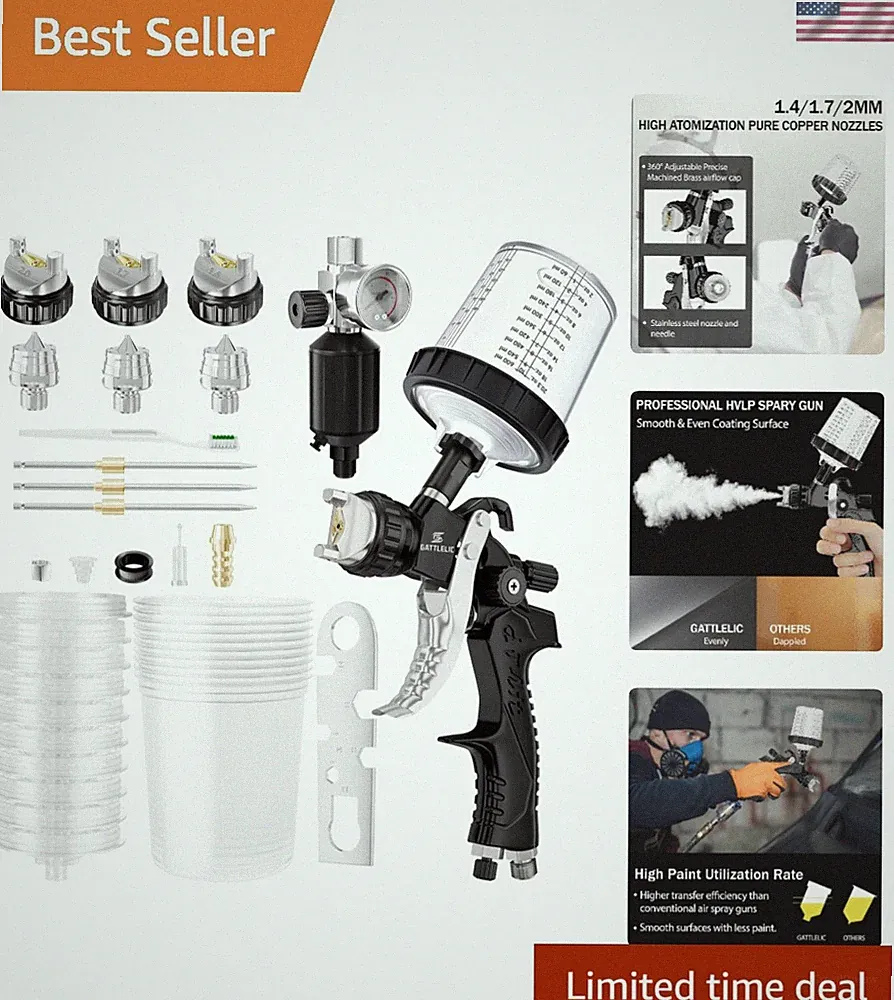HVLP Air Spray Gun with 1.4/1.7/2mm Nozzles & Air Compressor Regulator, Air S...