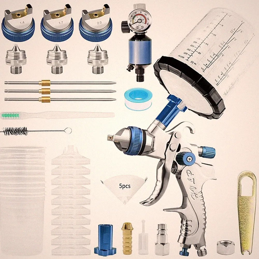 HVLP Air Spray Paint Gun with 1.4/1.7/2.0mm Nozzles & Air Compressor Regulato...