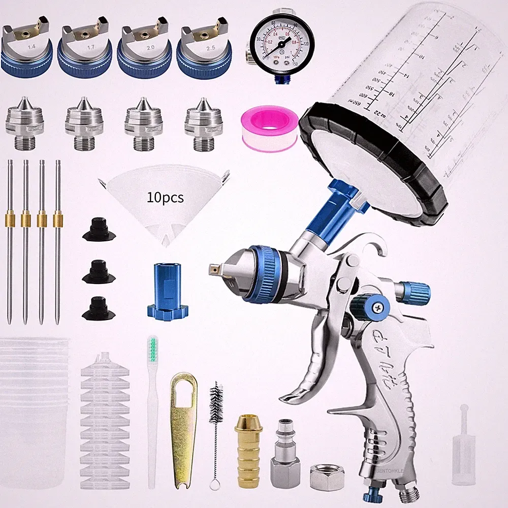HVLP Paint Spray Gun w 1.4/1.7/2.0/2.5mm 4 Nozzles & Air Compressor Regulator